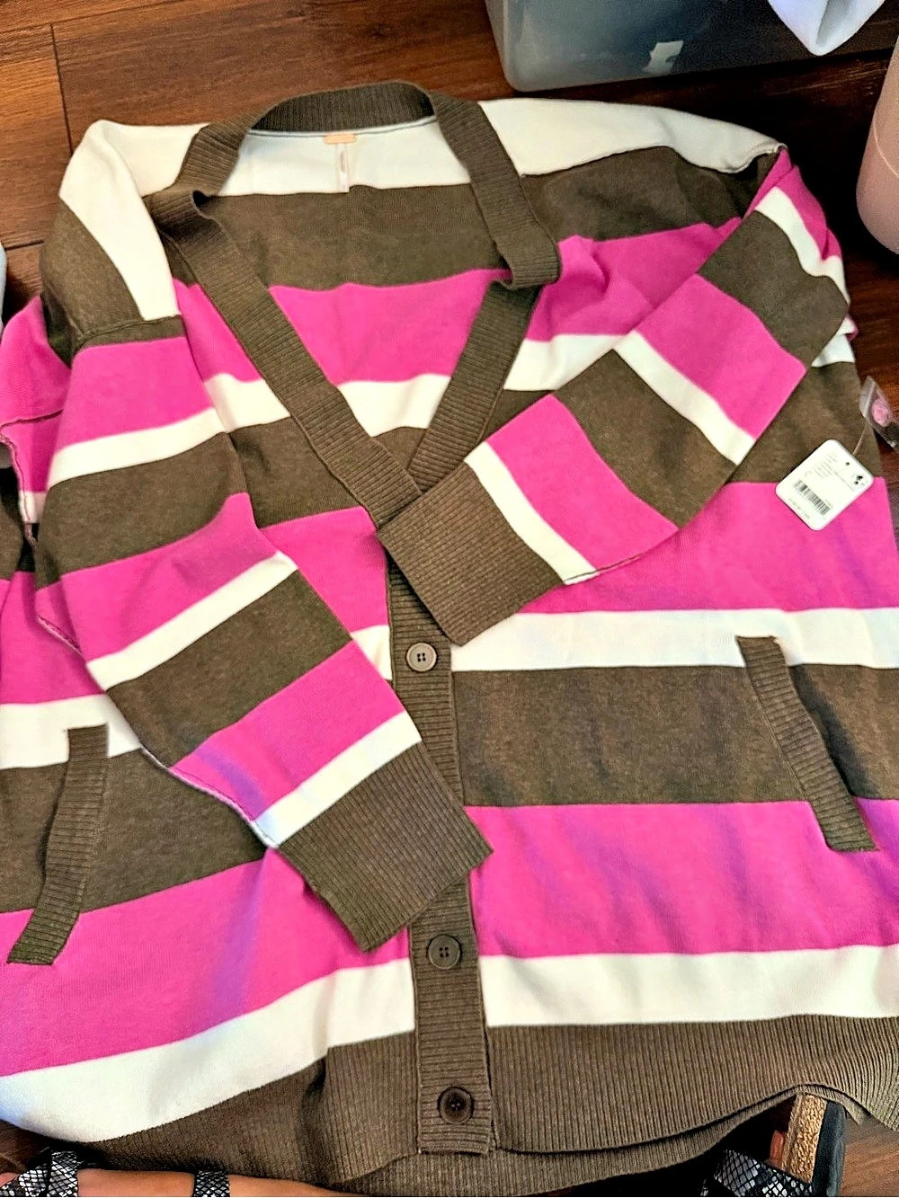 Free people Striped Cotton Cardigan in Pink & Brown Size large NWT